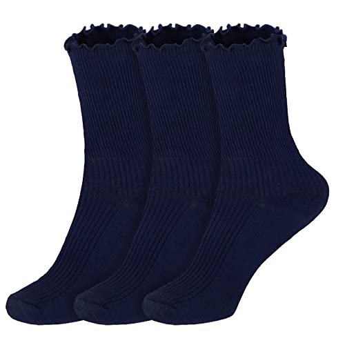 Women’s Ruffle-Trim Ankle Socks, Navy Blue 3PCS