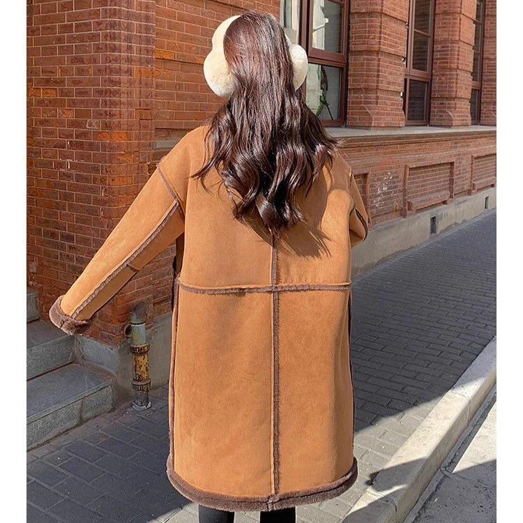 Korean Style Winter Lamb Fur Loose Coat for Women Thick Warm Long Fleece Lined Jacket
