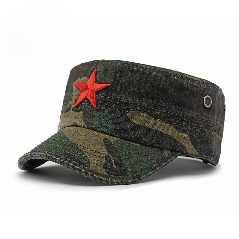 Vintage Camouflage Military Cap Red Star Embroidery Cotton Flat Top Hat Unisex Outdoor Sun Protection Hiking Travel Cap