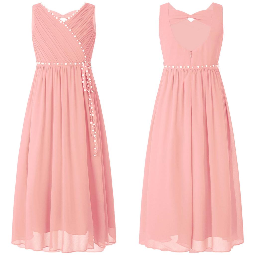 Flower Girls Dress Elegant Beaded Chiffon Party Summer Dress Ruched V Neck Sleeveless Dress for Bridesmaid Wedding