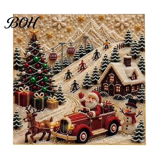 Christmas Faux Pearl Painting Kit DIY Art Kit, Beads Craft for Festive Wall Decor Making Adults, Beginners, Cute Santa Tree Elk Gem Bead Home