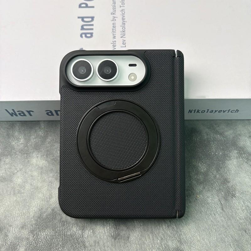 IPhone 18 Duo Foldable Phone Case With 360 Rotating Stand Magnetic Mid-Hinge Full-Body Leather Cover Anti-Drop Protection