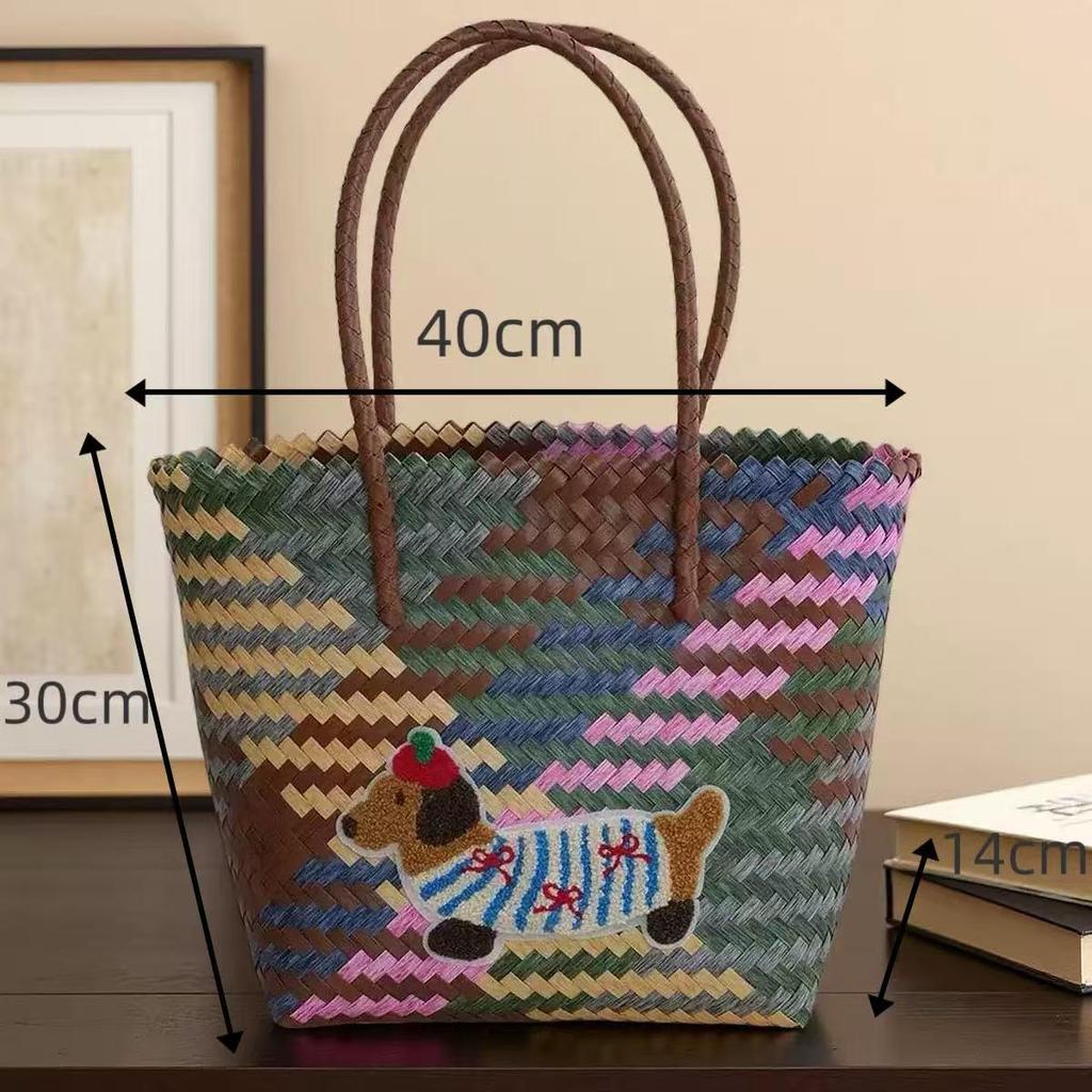 Плетеная сумка-тоут для щенка таксы с бамбуковой ручкой, винтажная пляжная сумка