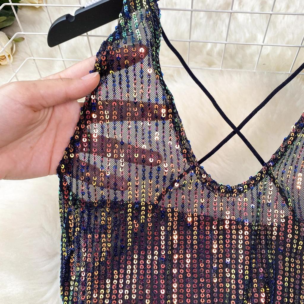 Sequins Erotic Camisole One Piece Dress Women Off Shoulder Short Split Skinny Party Dresses Female Fashion Cross Backless Club Sexy Dress 2024