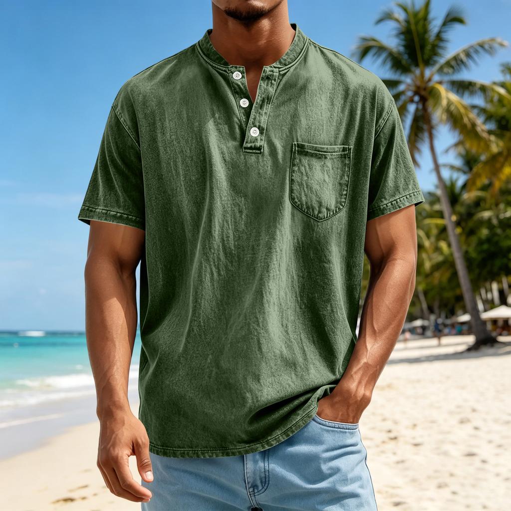 Мужская повседневная футболка-henley с коротким рукавом, легкая, дышащая, с пуговицами, карманом, топ