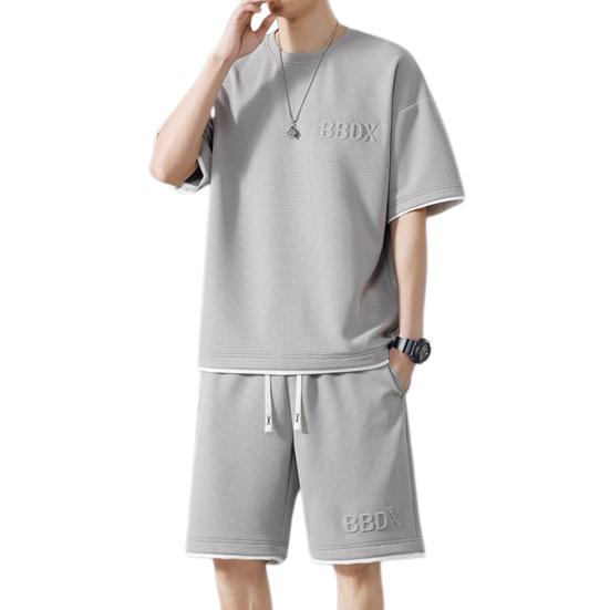 Мужской летний наряд из 2 шт./компл., футболка с коротким рукавом и круглым вырезом, эластичная талия, регулируемый шнурок, широкие шорты, комплект, поддельные