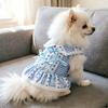 Sweet Blue Check Pet Dress Doll Collar Floral Eyelet Lace Pearl Bow Daily Walk Party Photo Costume Accessory