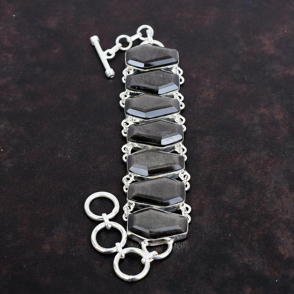 Браслет из граненого серебряного обсидиана с драгоценными камнями, браслет из стерлингового серебра 925 пробы, регулируемый браслет-цепочка, браслет ручной работы для подарков