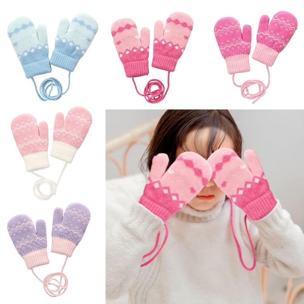 With Hanging Neck Rope Autumn Winter Gloves Cold Proof Baby Children Full Finger Gloves  Boys Girls
