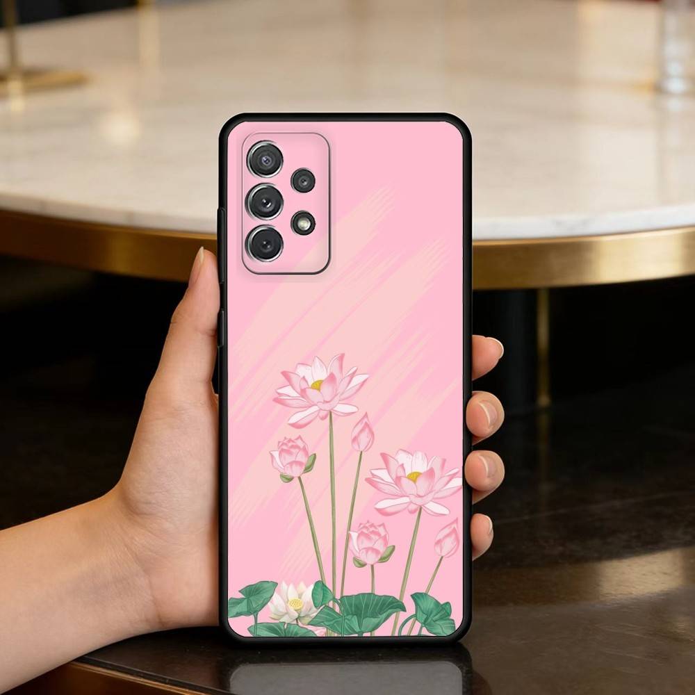 Emerald White Lotus Phone Case For Samsung Galaxy A73,A72,A71,A70,A53,A52,A51,Soft Silicone Black Cover