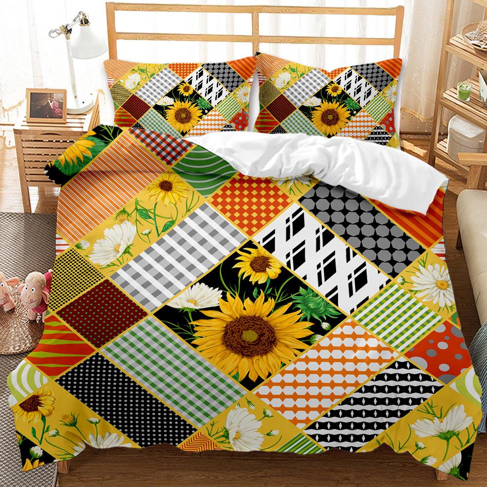 Sunflower pattern design 3D digital printing quilt set three-piece bedding kit