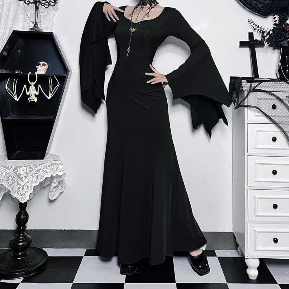 Black Batwing Sleeve Dress Patchwork Grunge Robe Bodycon Vintage Halloween Maxi Dress  Costume