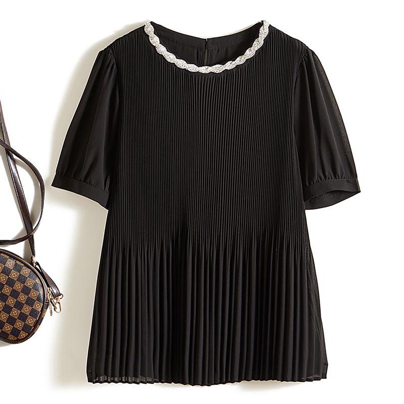 Japan Foreign Trade Order! Sanzhai Top ~ Temperament Women Pleat High Elastic Round Neck Small A Word Flash Diamond Collar T-shirt Summer