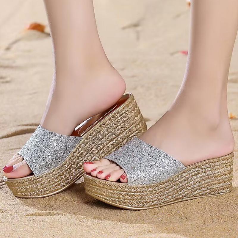 Lucyever Gold Silver Sequins Wedges Slippers for Women 2024 Summer Open Toe Platform Sandals Woman High Heels Slides Ladies 40