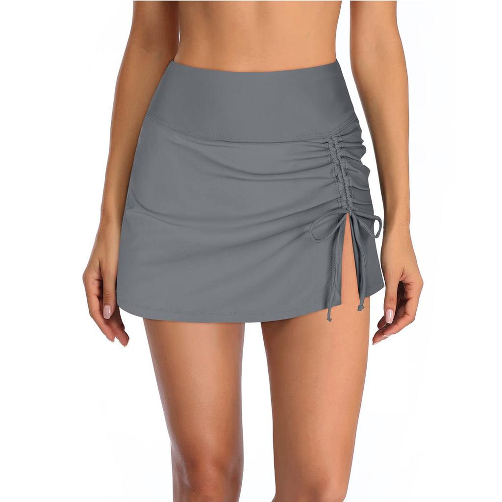 Женские модные сексуальные однотонные плавки с высокой талией, плиссированные трусы для плавания с разрезами и шнурком, двойная юбка, плавки