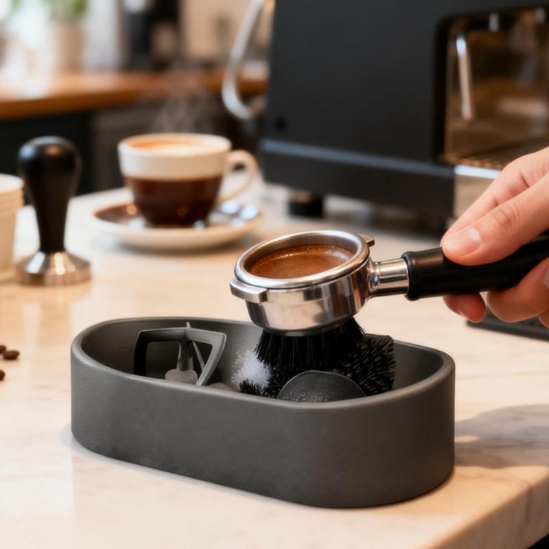 Professional Espresso Machine Cleaning Tool Set Includes Stable Portafilter Stand Deep Scrub Brush Grounds Catcher