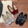 2025 Winter New Round Head Bow Suede Rhinestone Word with Soft Sole Mary Jane Flat Women's Shoes