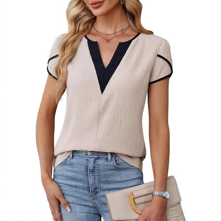 Ladies Summer Split Short Sleeve V Neck Color Block Casual Pullover Blouse Shirt Top