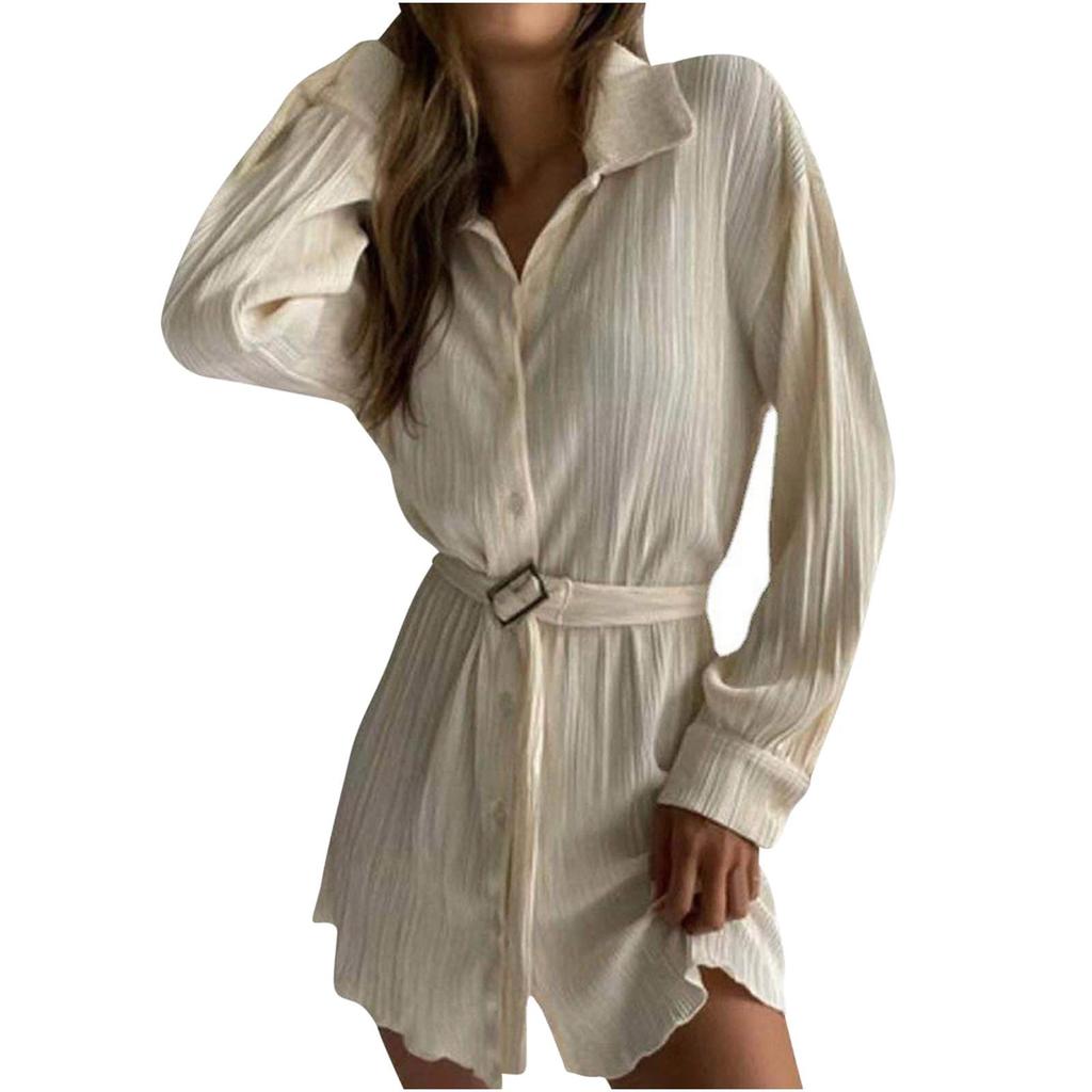 Women's Shirt Collar Fashionable Elastic Waist Pleated Long Sleeved  Dress