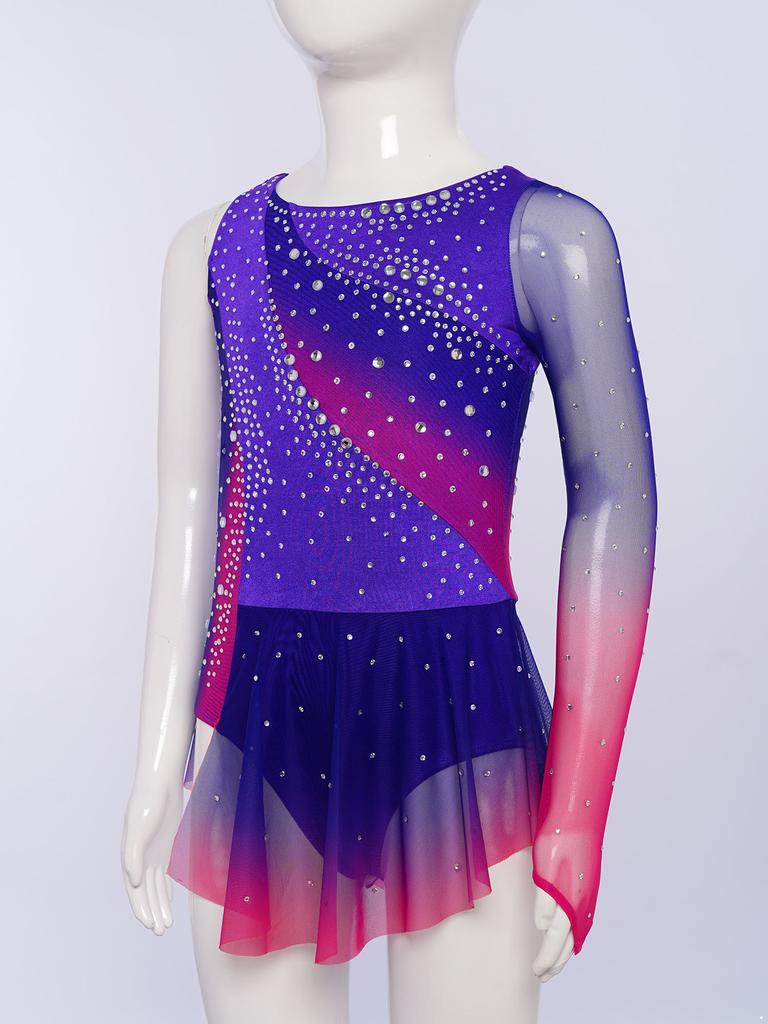 Girls Lyrical Dance Dress Round Neck Asymmetrical Split Shiny Rhinestones Contrast Color Figure Skating Gymnastics Gown