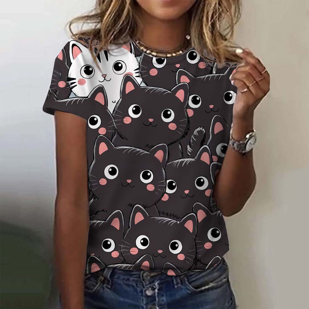 Women Cute Cat Flower Graphic Print Casual Short Sleeve Summer Street Fashion Tops Outdoor