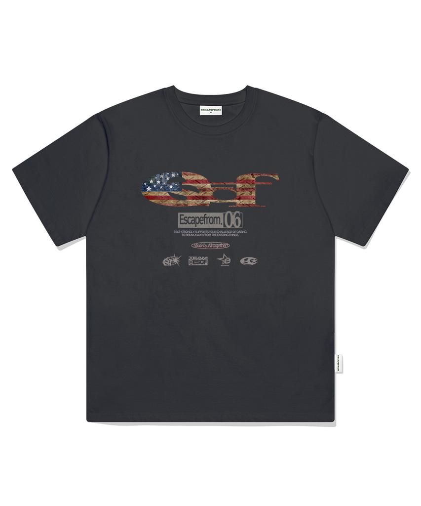 ESCAPEFROM Vintage Flag Escf Logo Collage Print Oversized Short Sleeve T-Shirt Charcoal