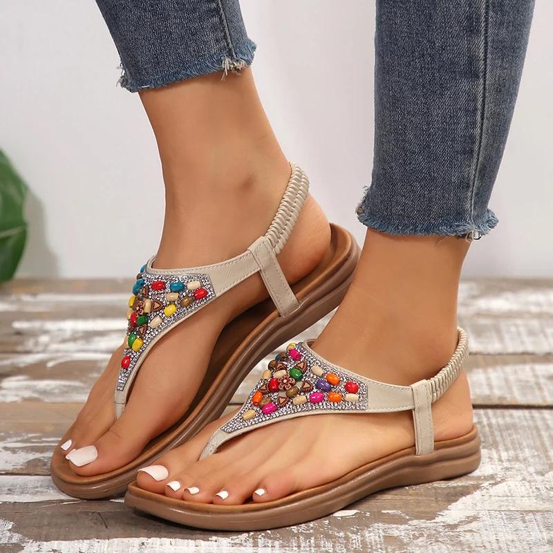 Retro Bohemian Flat Heels Sandals for Women Summer Rhinestone Beads Clip Toe Sandals Woman Lightweight Beach Flip Flops