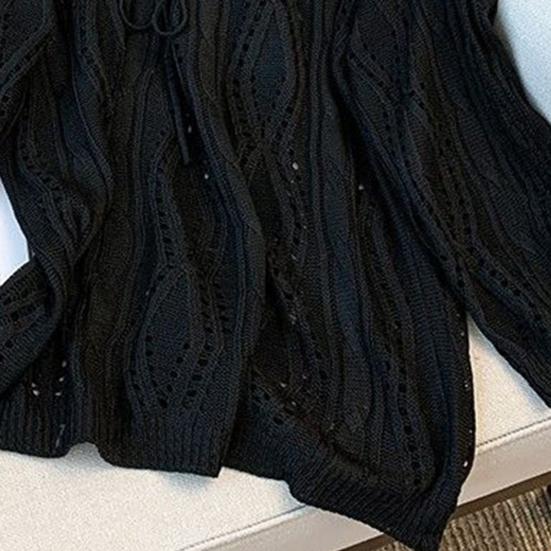 Women Knitting Hollow Design Tops V-Neck Straps Collar Long Sleeve Pullover Tops Solid Color