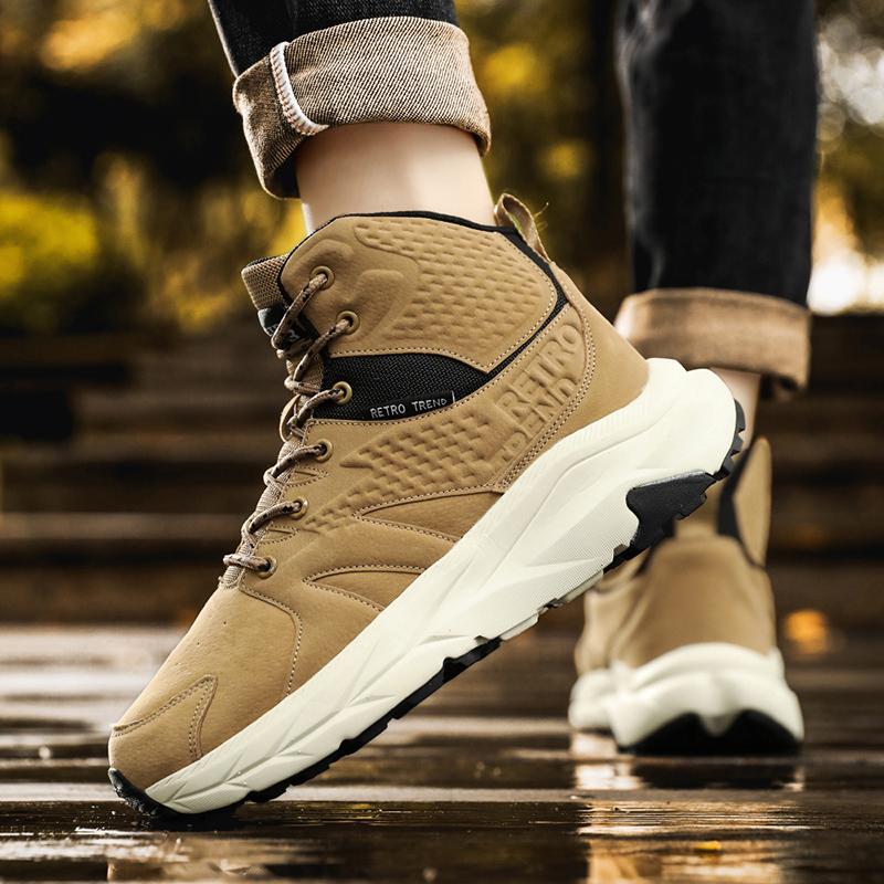 New Outdoor Leather Waterproof Mountaineering Shoes Men's Non-slip Walking High-top Sneakers Women's Thick Soled Daddy Shoes