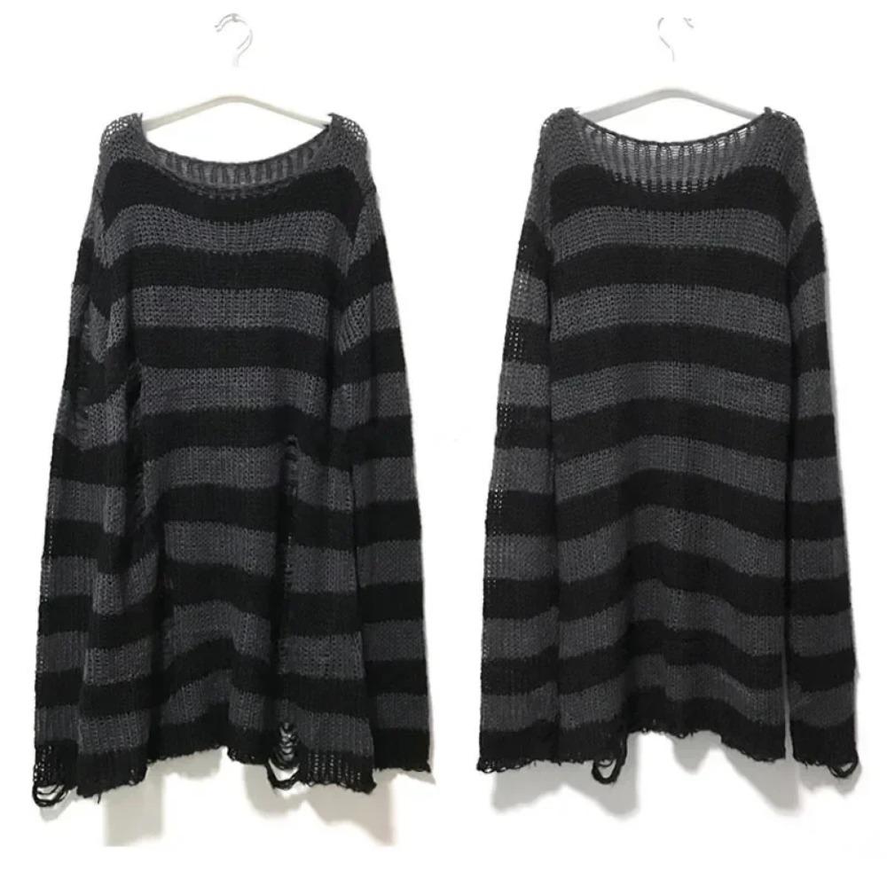 New Goth Punk Gothic Sweater Oversized Pullovers Women Striped Cool Hollow Out Hole Broken Jumper Harajuku Aesthetics Sweater