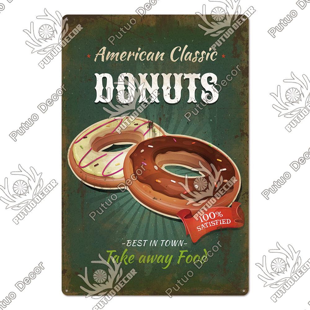Putuo Decor Donuts Dessert Vintage Plaque Metal Plate Tin Sign Wall Art Decor Retro Poster for Kitchen Cafe Home Iron Painting