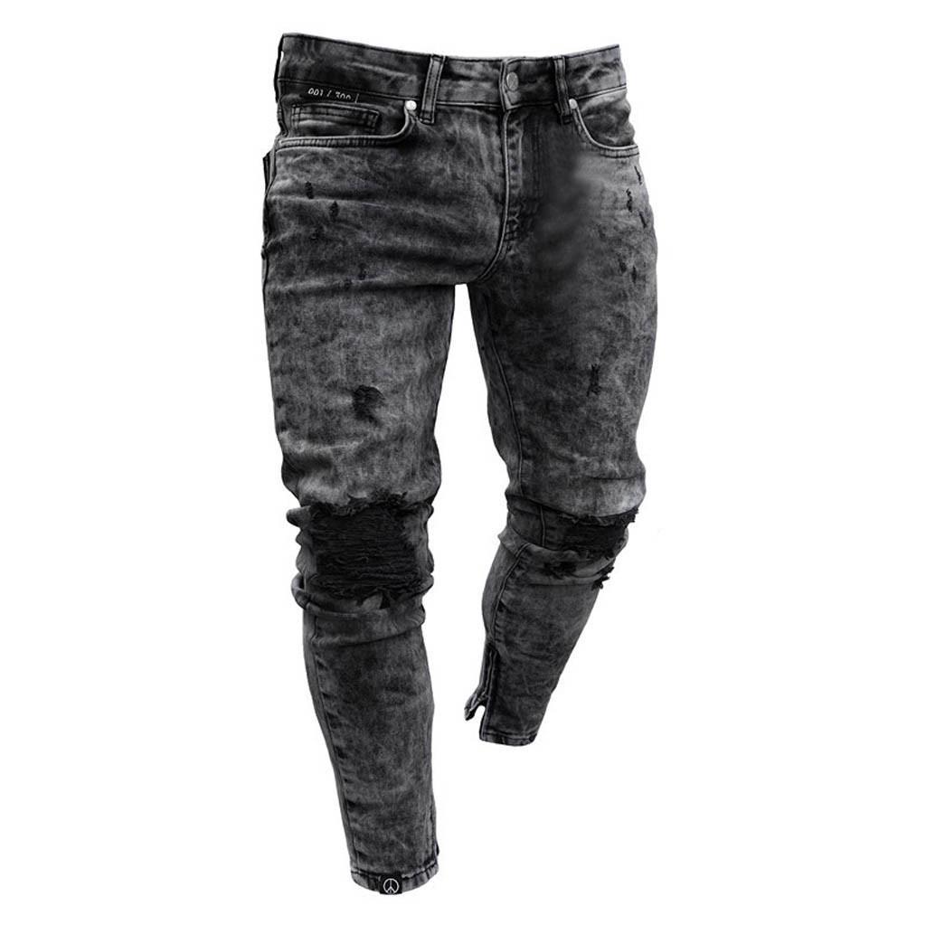 Mens Skinny Stretch Denim Pants Distressed Ripped Freyed Slim Fit Jeans Trousers
