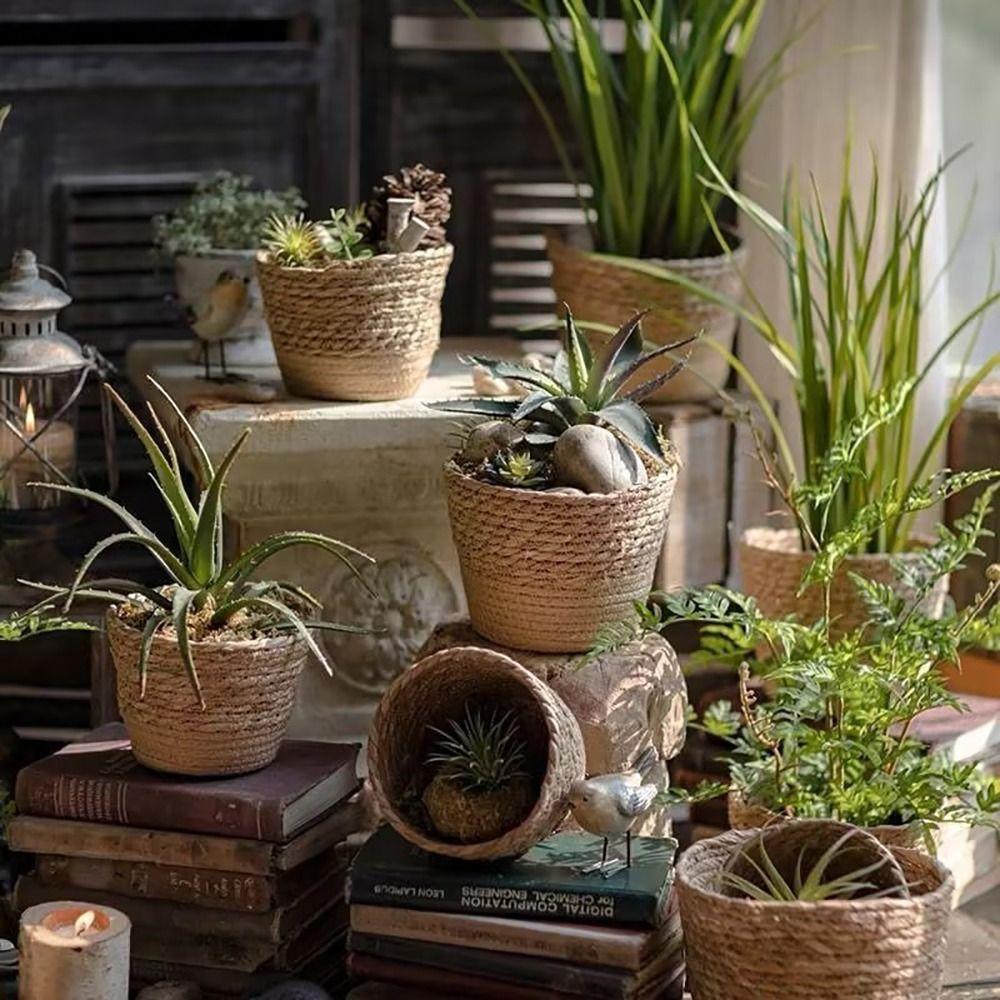 1 шт. Корзина для растений, цветочный горшок, корзина из ротанговой соломы, плетеная корзина для растений, плетеный цветочный горшок из травы