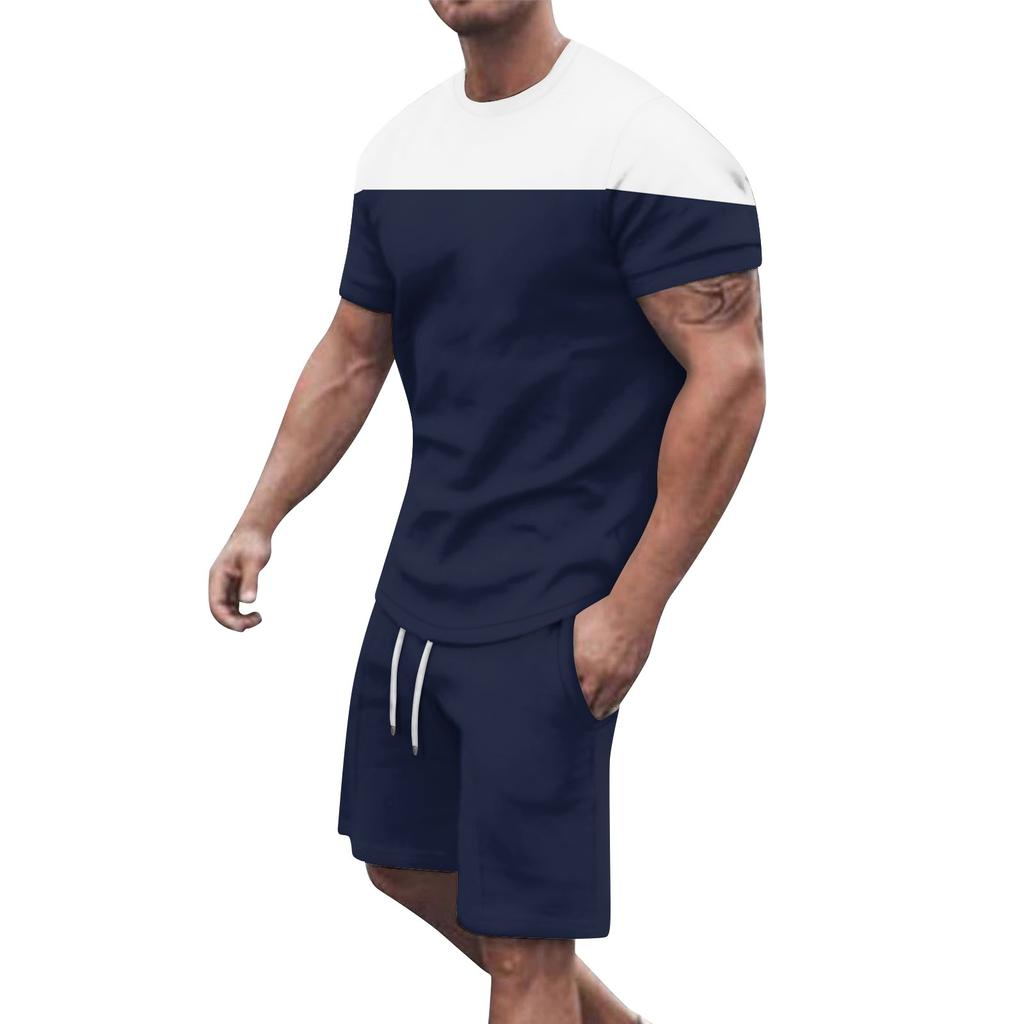 Men's Solid Color Shoulder Short Sleeved Shorts Breathable Men's Casual 2-piece Set