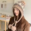 with Pom Pom Knit Earflap Hat Cold Proof Outdoor Fall Winter Hat Warm Knit Beanie  Women