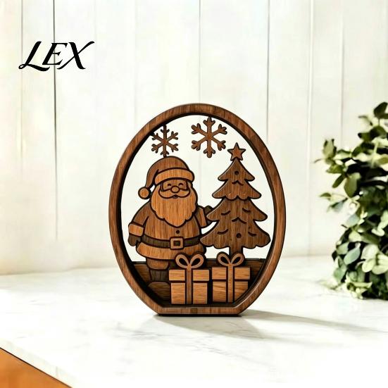 Handmade Wooden Holiday Signs 3Pcs Christmas Santa Claus And Tree Ornaments, Oval Table Boxwood Ornaments Centerpiece, Solid Wood Desktop Ornament for