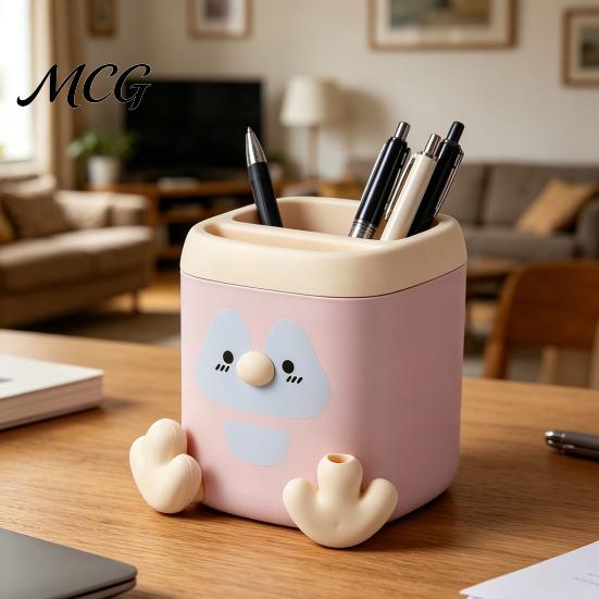 Macaron Color Pen Holder with Detachable Pencil Sharpener, Dual Compartments Penguin Organizer, Cartoon Design Office Desk Organizer Sharpener
