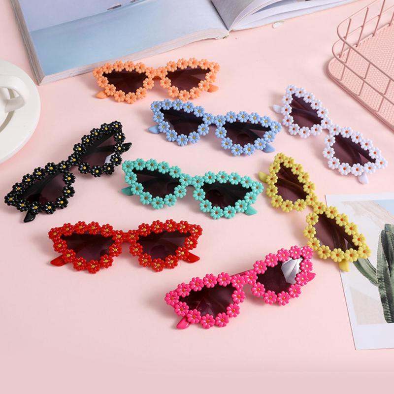 Kids Flower Sunglasses Girls Cat Eye Frame Glasses Children Cute Daisy Shades Outdoor UV Protection Party Eyewear