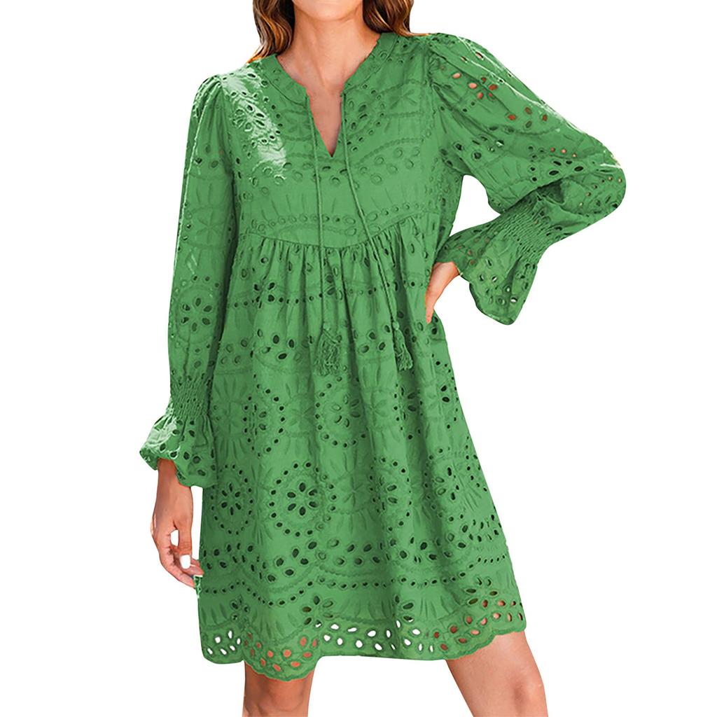 Женские модные кружевные повседневные платья с длинным рукавом и V-образным вырезом