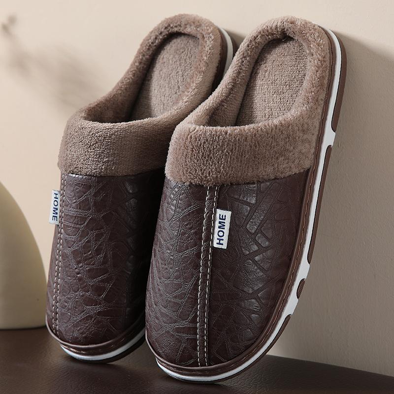 Men Women Waterproof PU Leather Winter Warm Plush Home Shoes House Slippers Indoor Anti-Skid