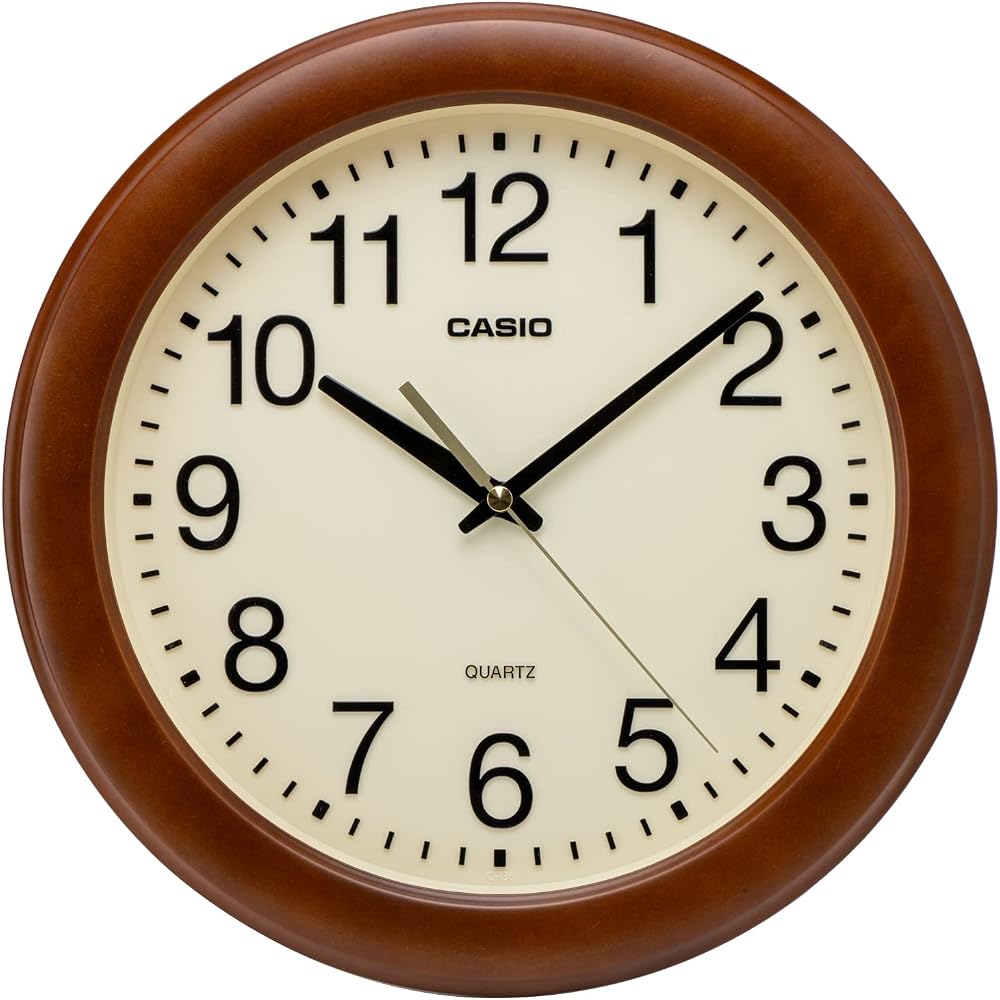 CASIO Wall Clock, Brown, Analog, Wooden Frame, Wood Grain Finish, Silent, Continuous Second Hand, IQ-136-5JF