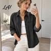 Long Sleeve Tops Women Denim Shirt Lapel Casual Coat Button Relaxed Fit Shirt Down Loose Tops Solid Color Autumn Coat Travel Clothing