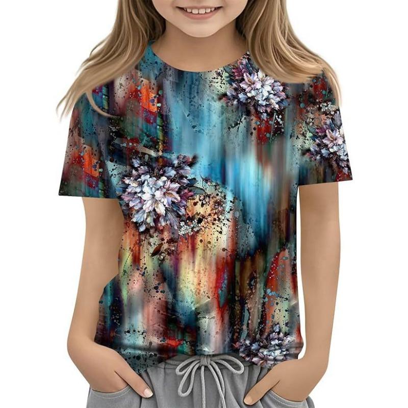 Детская футболка с 3D-принтом, новая повседневная универсальная детская одежда с цветочным 3D-принтом, футболка с короткими рукавами и круглым вырезом