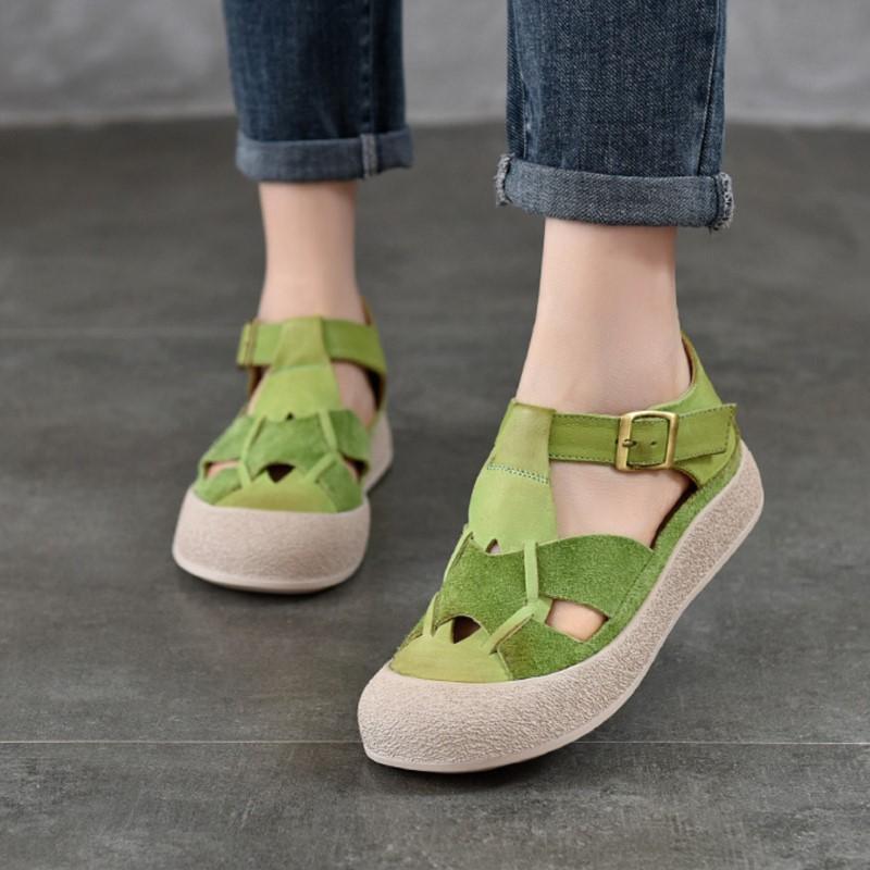 Johnature Round Toe Hollow-out Flat Sandals Genuine Leather Breathable And Comfortable Women's Shoes