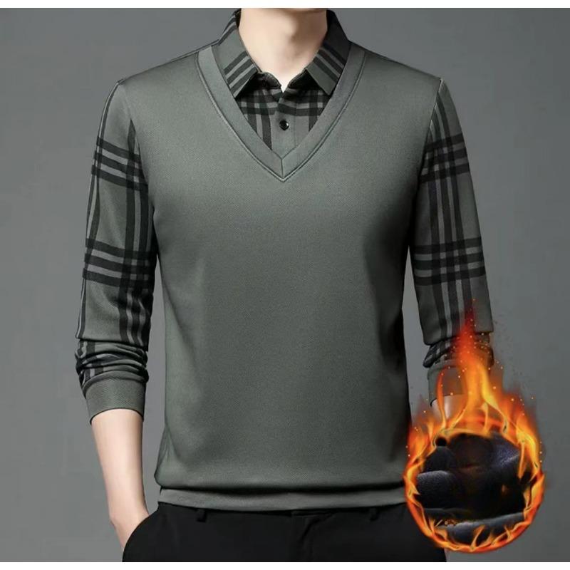 Осенне-зимняя теплая мужская одежда, бесшовная поддельная теплая рубашка из двух частей, плюс бархатная поддельная повседневная рубашка-воротник для папы