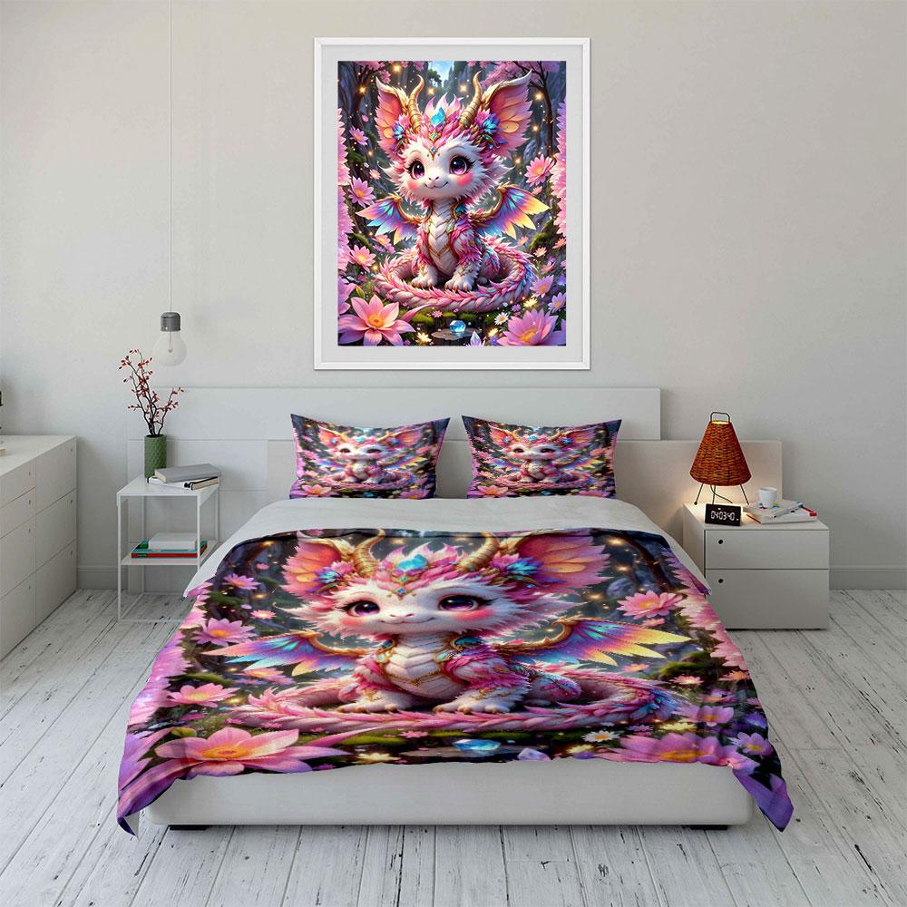 Adorable pink dragon in flower field Bedding Set for Kids Luxury Gift 3pcs Digital Print Comforter Set Soft Comfortable