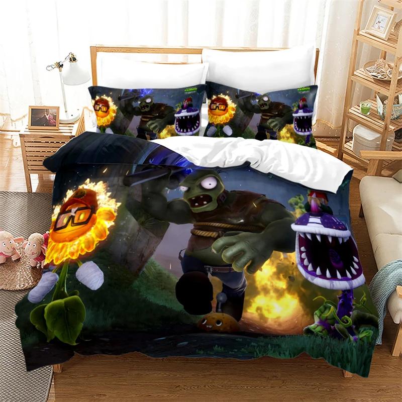 Popular Games Pattern Bedding Set 3d Plant Zombie Cartoon Duvet Cover Set with Pillowcase Single Double Queen King Bedclothes