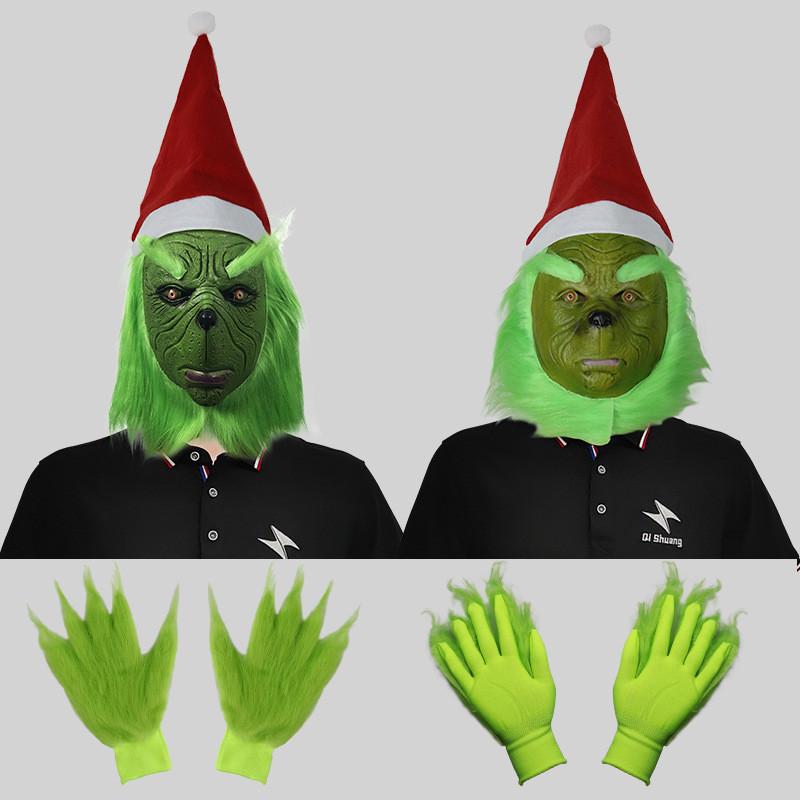 Забавный набор маски Гринча и зеленых пушистых перчаток, идеально подходящий для рождественских вечеринок и празднования Хэллоуина