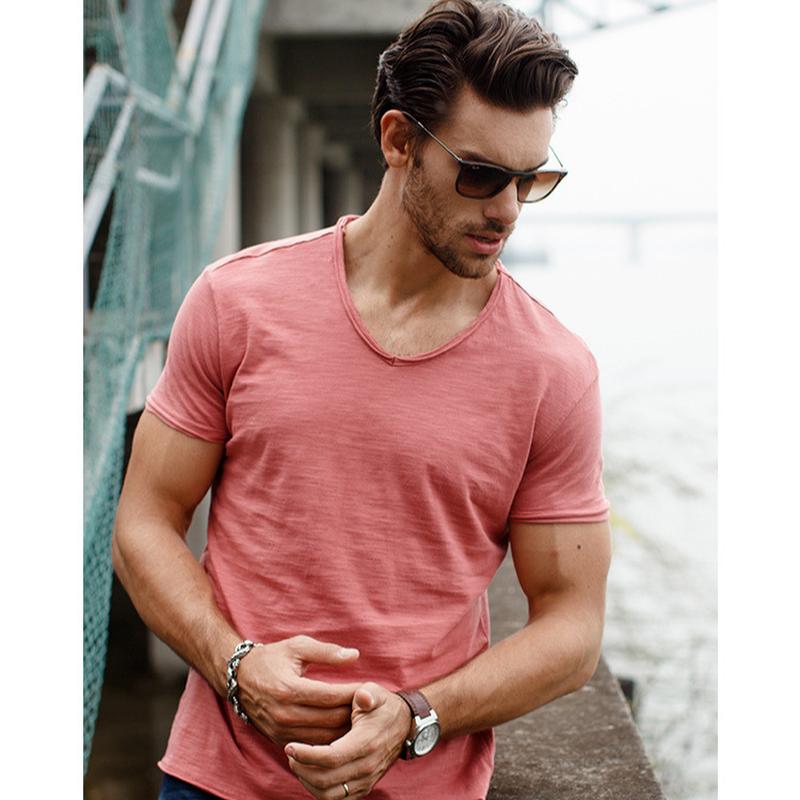 Summer 100% Cotton Elasticity T Shirt Men Casual Soft Fitness Shirt Men T Shirt Tops Tee Shirts V-Neck Short Sleeve Tshirt Men