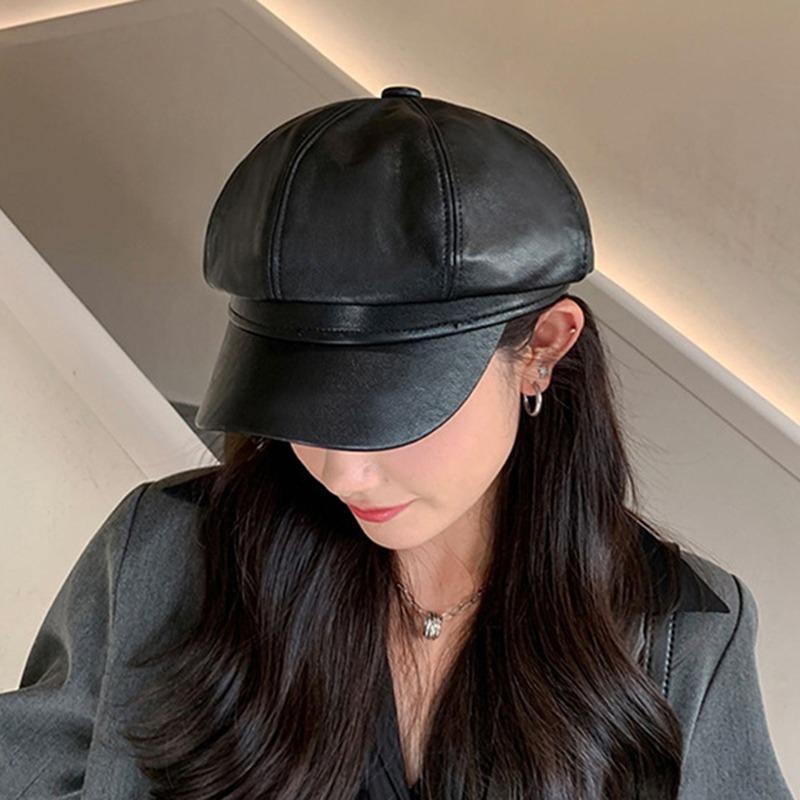 Berets Female Korean Version Small Pu Leather Caps Octagonal Caps